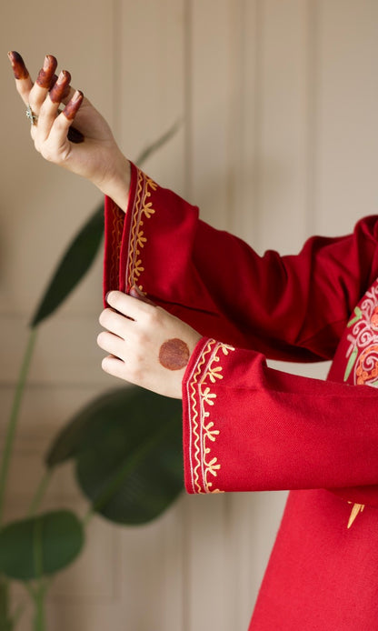 Ruby Flame  Aari Embroidered Fine Cashmilon Pheran