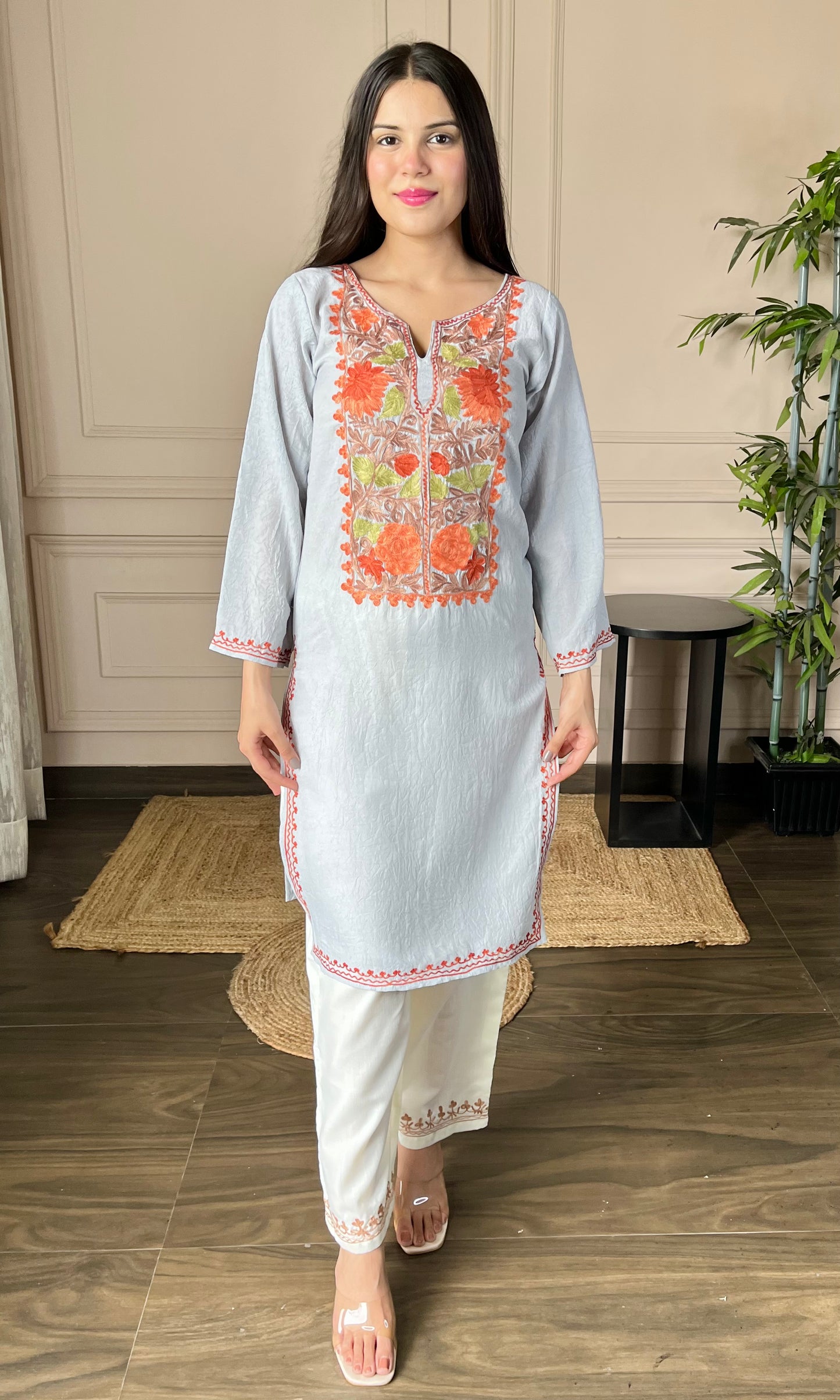 Grey Aari Embroidered Crushed Cotton Kurti