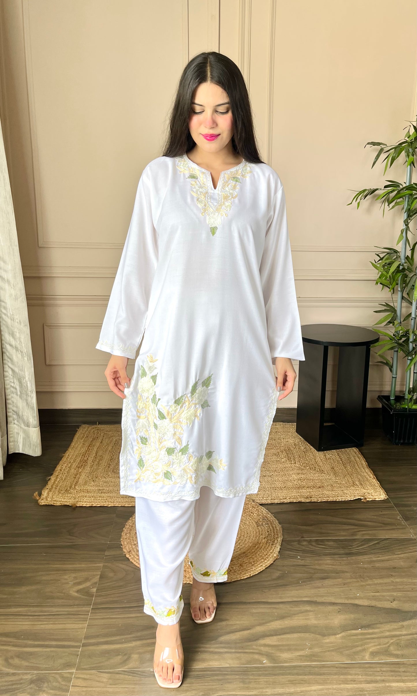 Basic White Aari Embroidered Cotton Co-ord Set