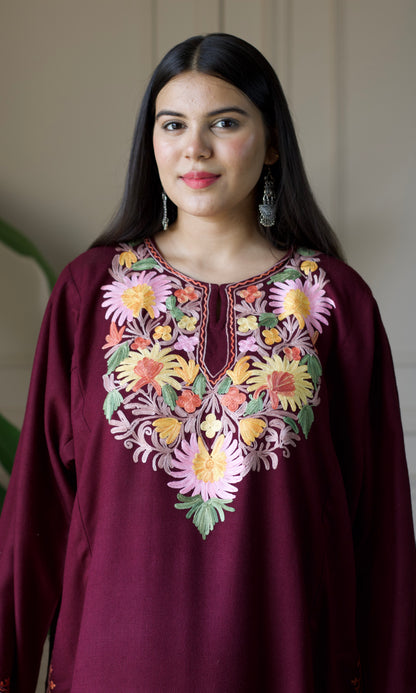 Floral Wine Aari Embroidered Fine Cashmilon Pheran