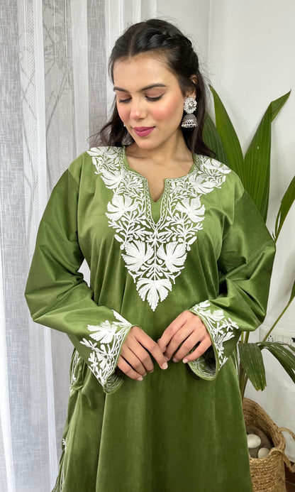 Light Green Aari Embroidered Kashmiri Velvet Suit