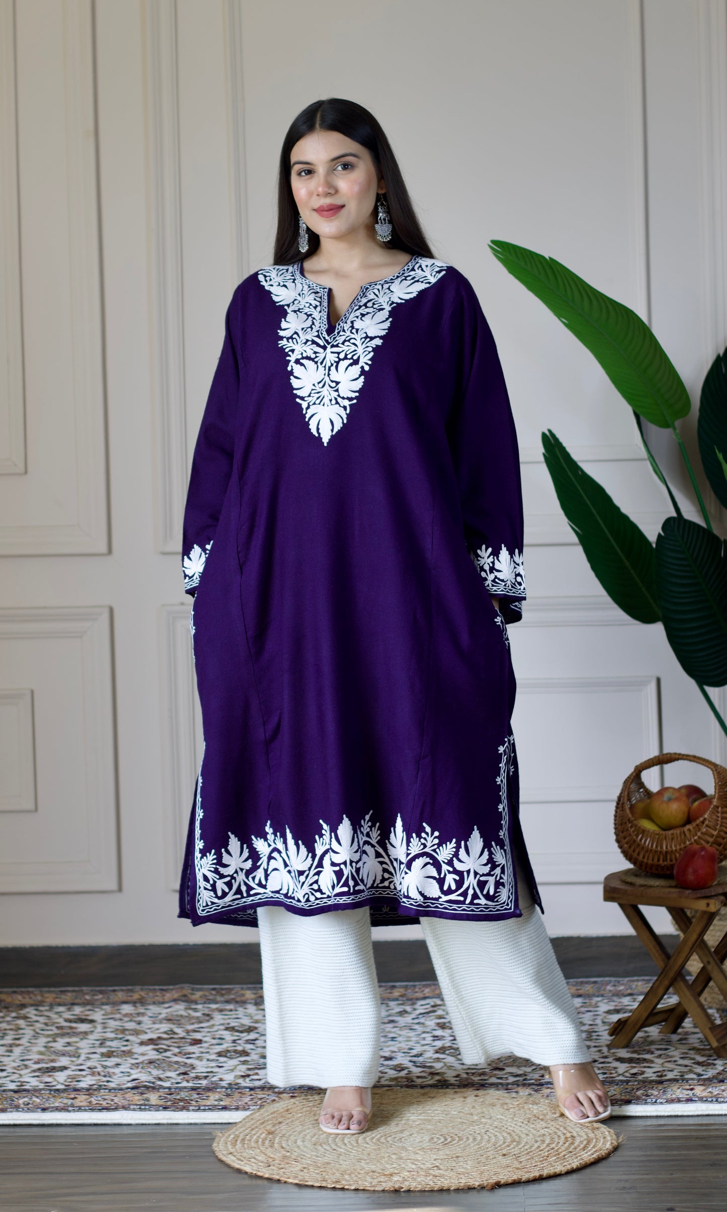 Navy Blue Cashmilon Pheran with White Aari Embroidery