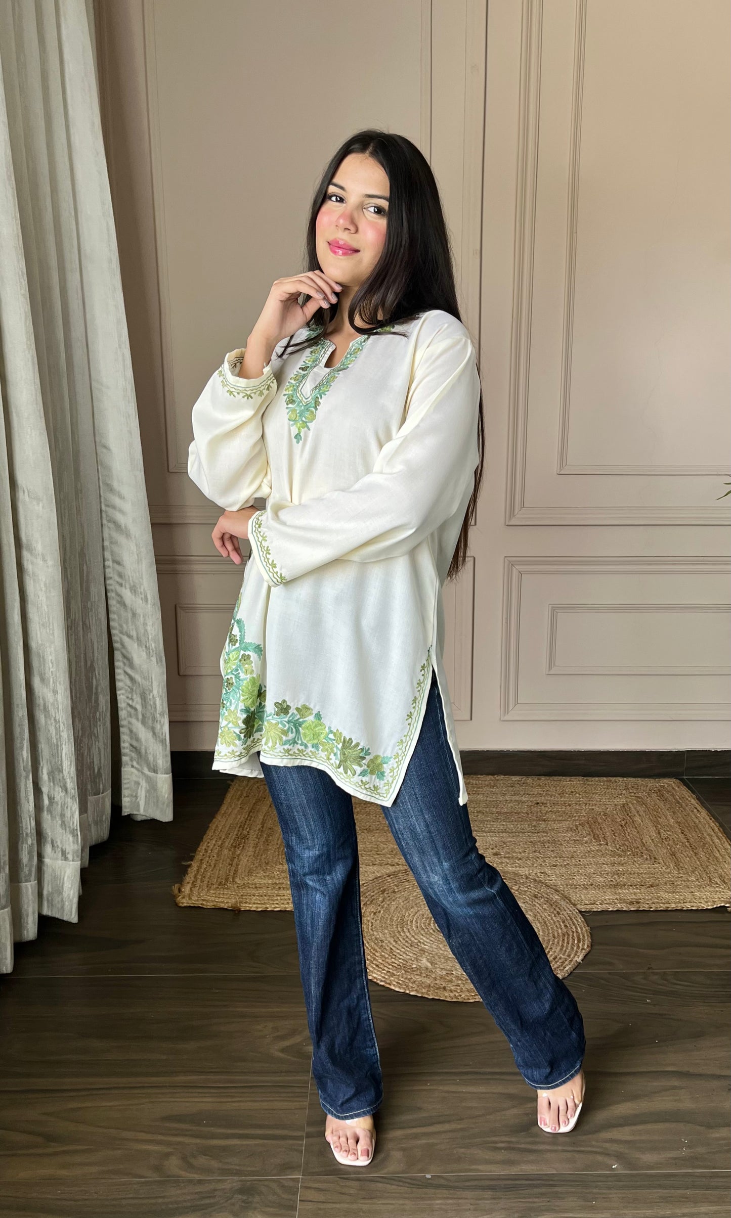 Green Aari Embroidered Off White Short Kurti