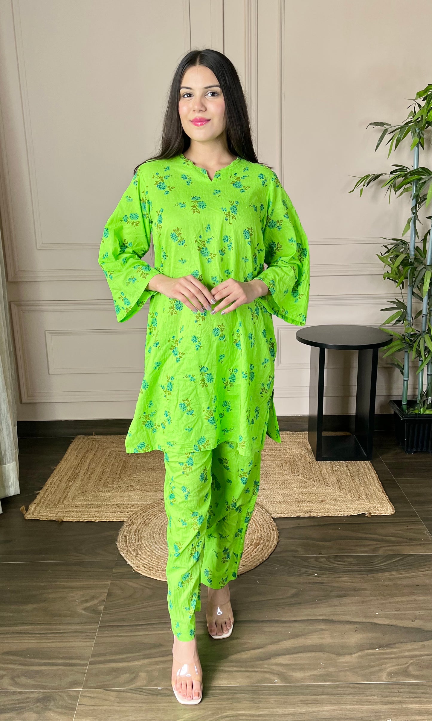 Neon Green Relaxed Fit Cotton Co-ord Set with Bell Sleeves