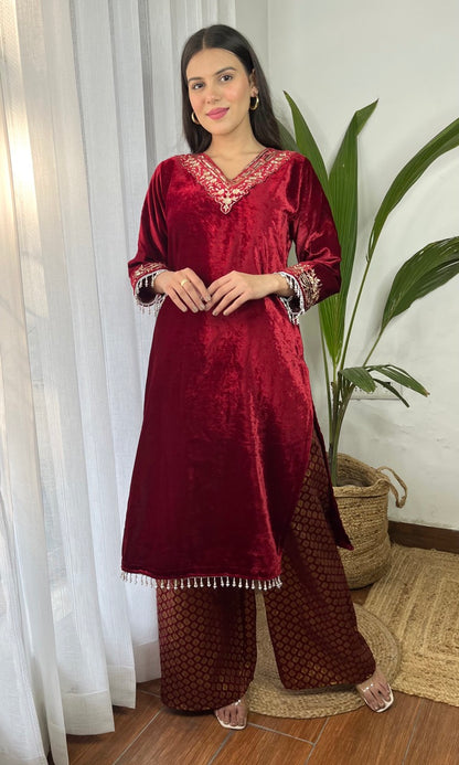 Wine Velvet Suit with Flowing Dupatta