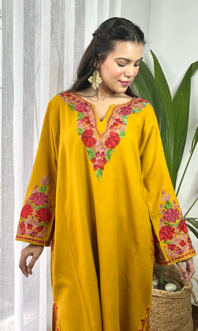 Mustard Bloom Pink Aari Embroidered Fine Cashmilon Pheran