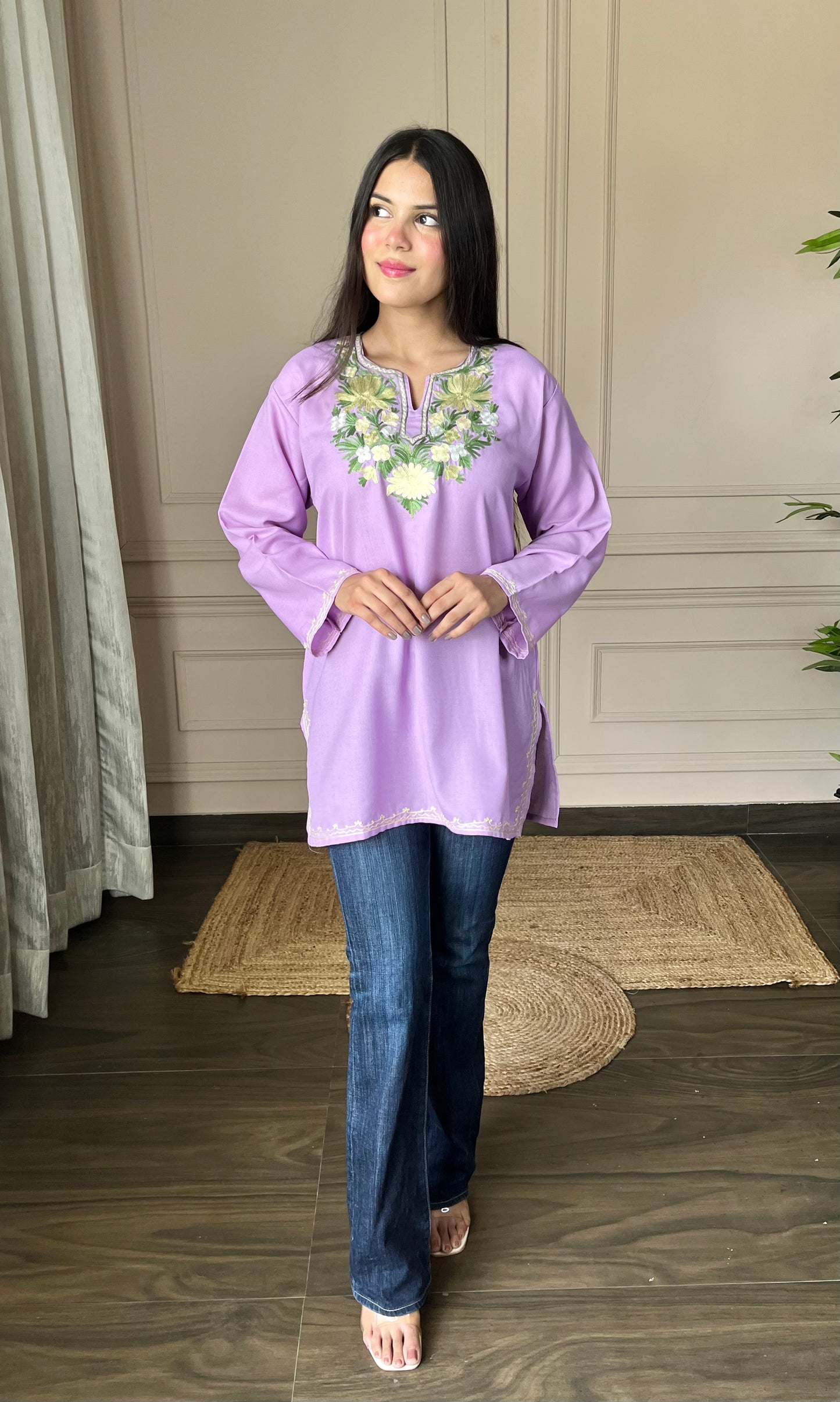 Green Floral Aari Embroidered Pink Short Kurti