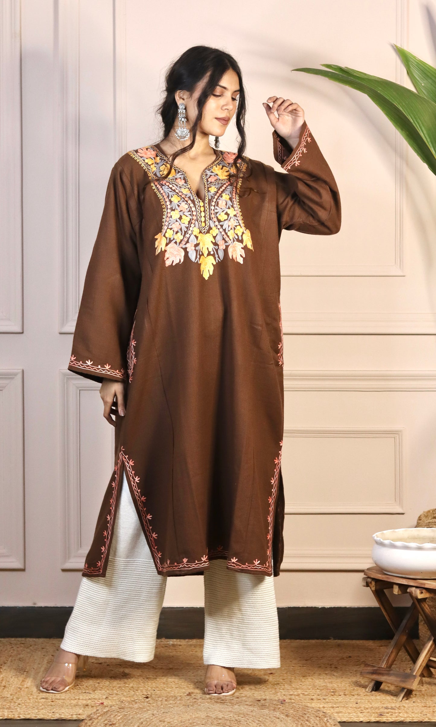 Chocolate Brown Aari Embroidered Fine Cashmilon Pheran