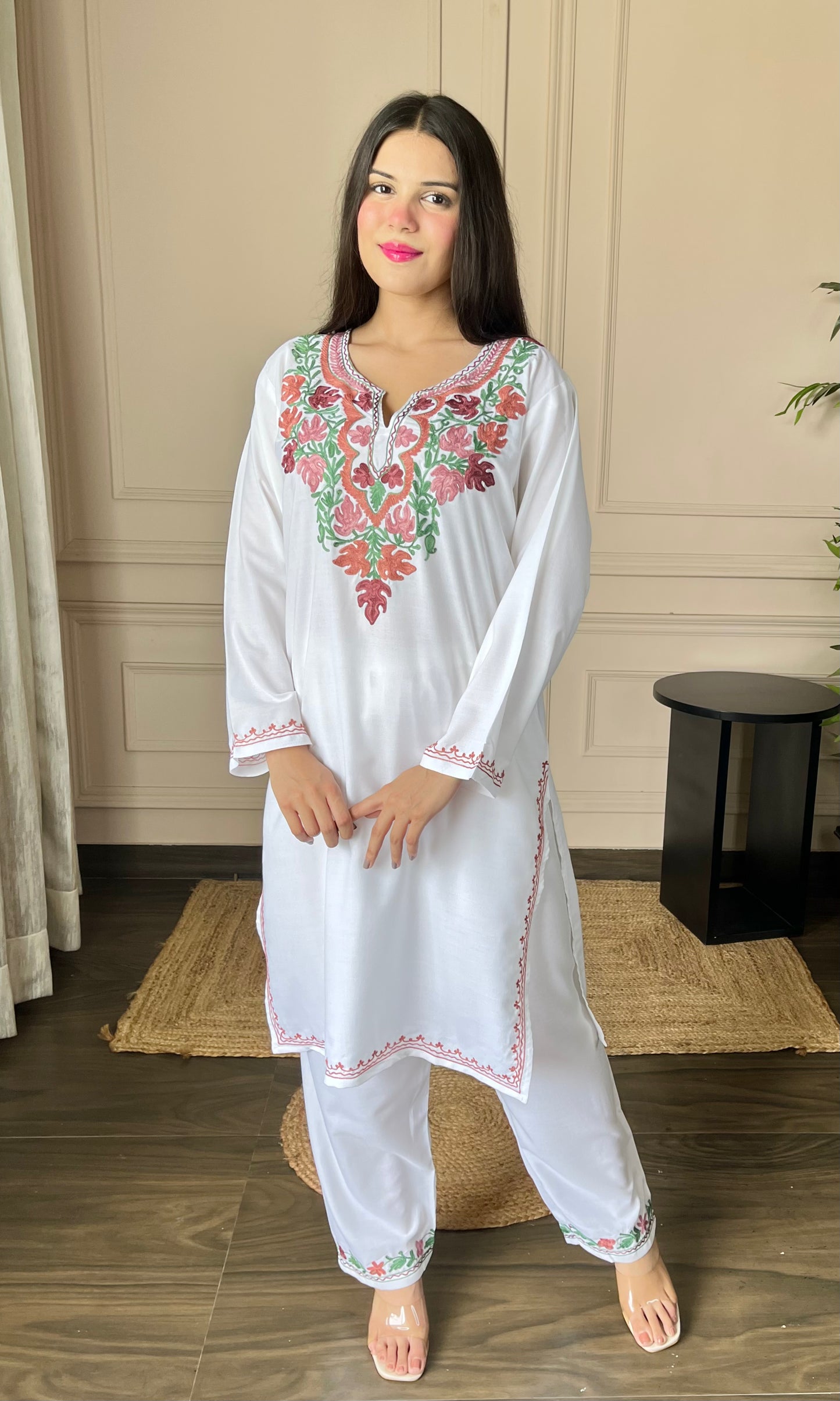 White Cotton Co-ord Set with Delicate Floral Aari Embroidery