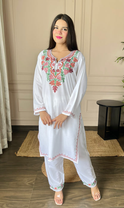 White Cotton Co-ord Set with Delicate Floral Aari Embroidery