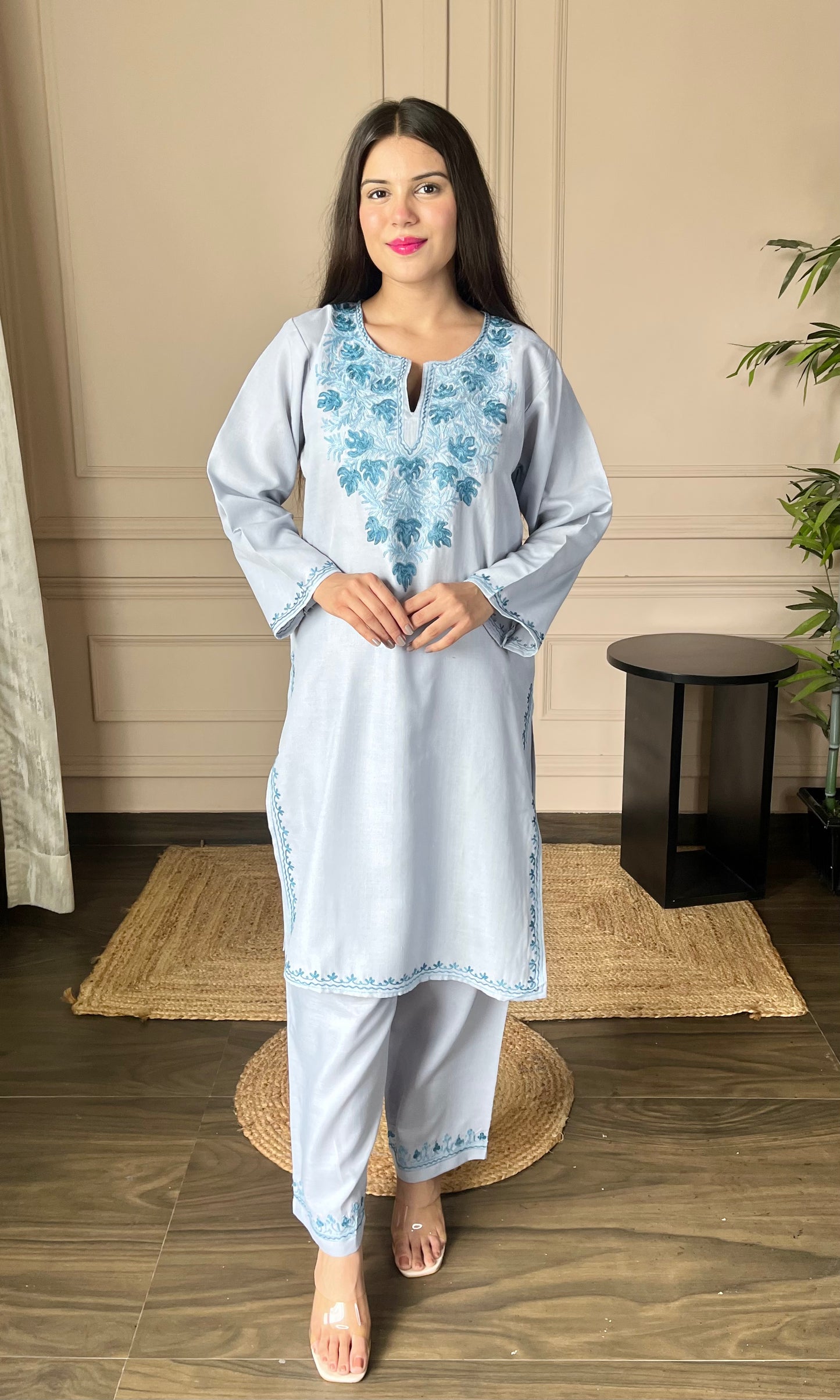 Blue Bliss Aari Embroidered Grey Cotton Co-ord Set