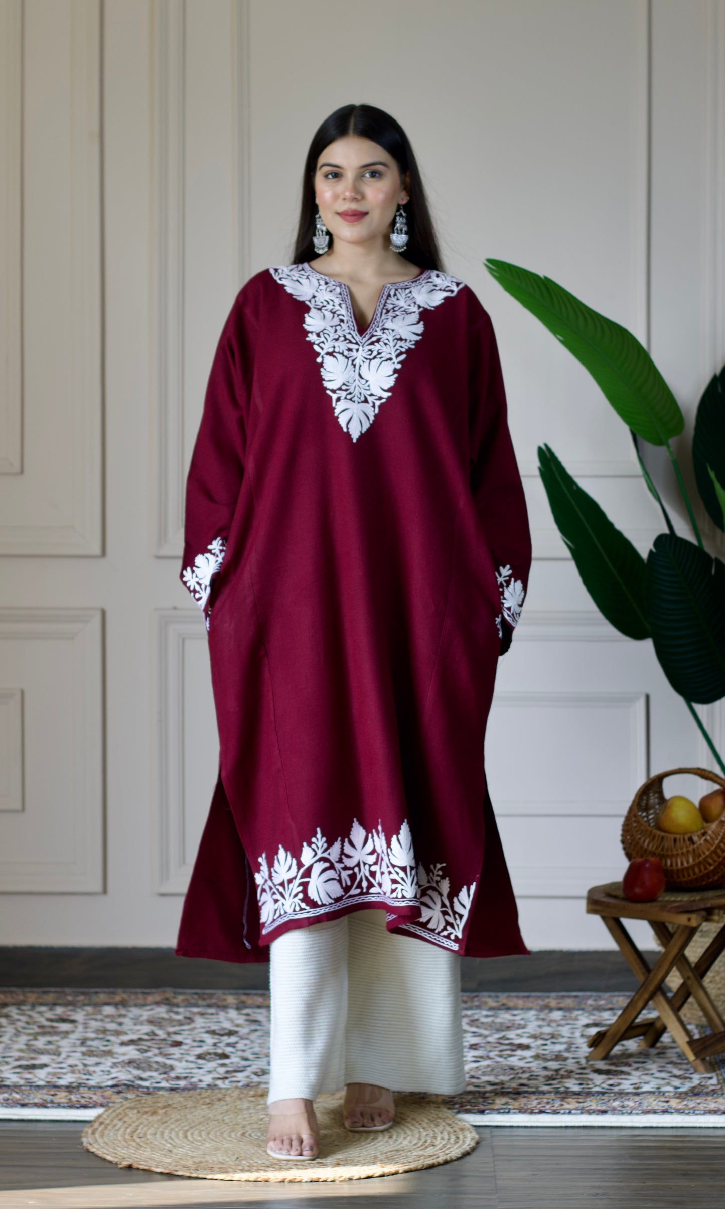 Deep Wine Cashmilon Pheran with White Aari Embroidery