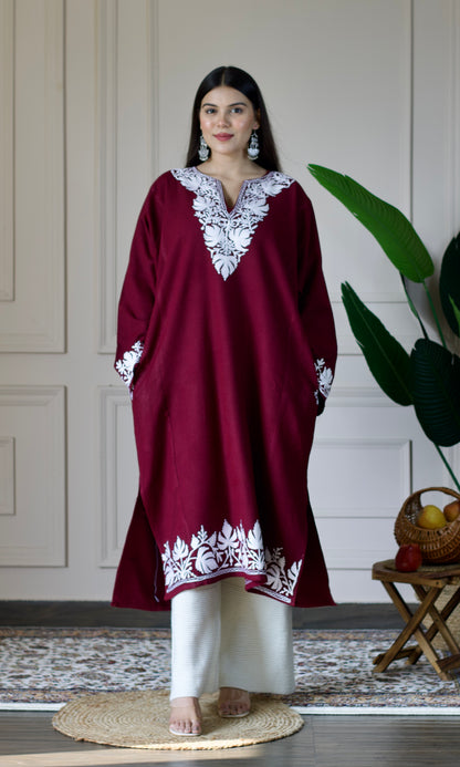 Deep Wine Cashmilon Pheran with White Aari Embroidery