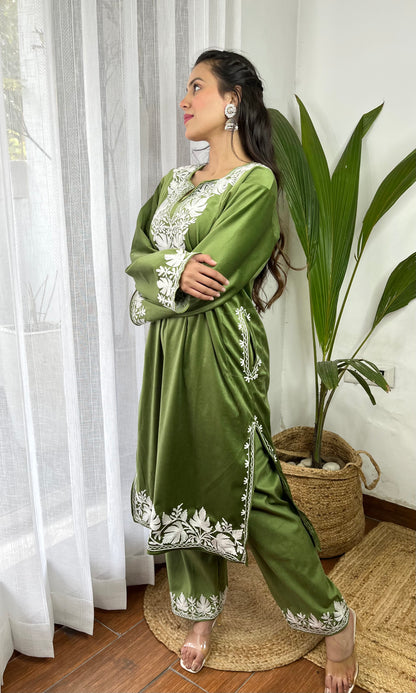 Light Green Aari Embroidered Kashmiri Velvet Suit