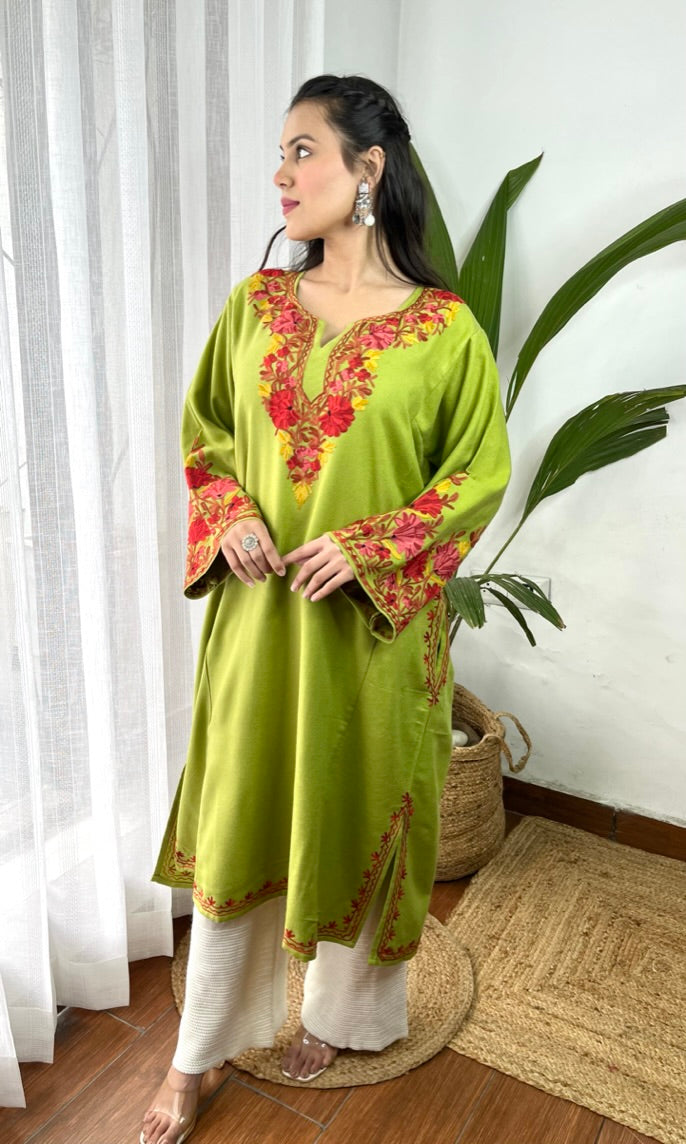 Parrot Green Bliss Pink Aari Embroidered Fine Cashmilon Pheran