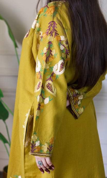 Mustard Aari Embroidered Wool Pheran