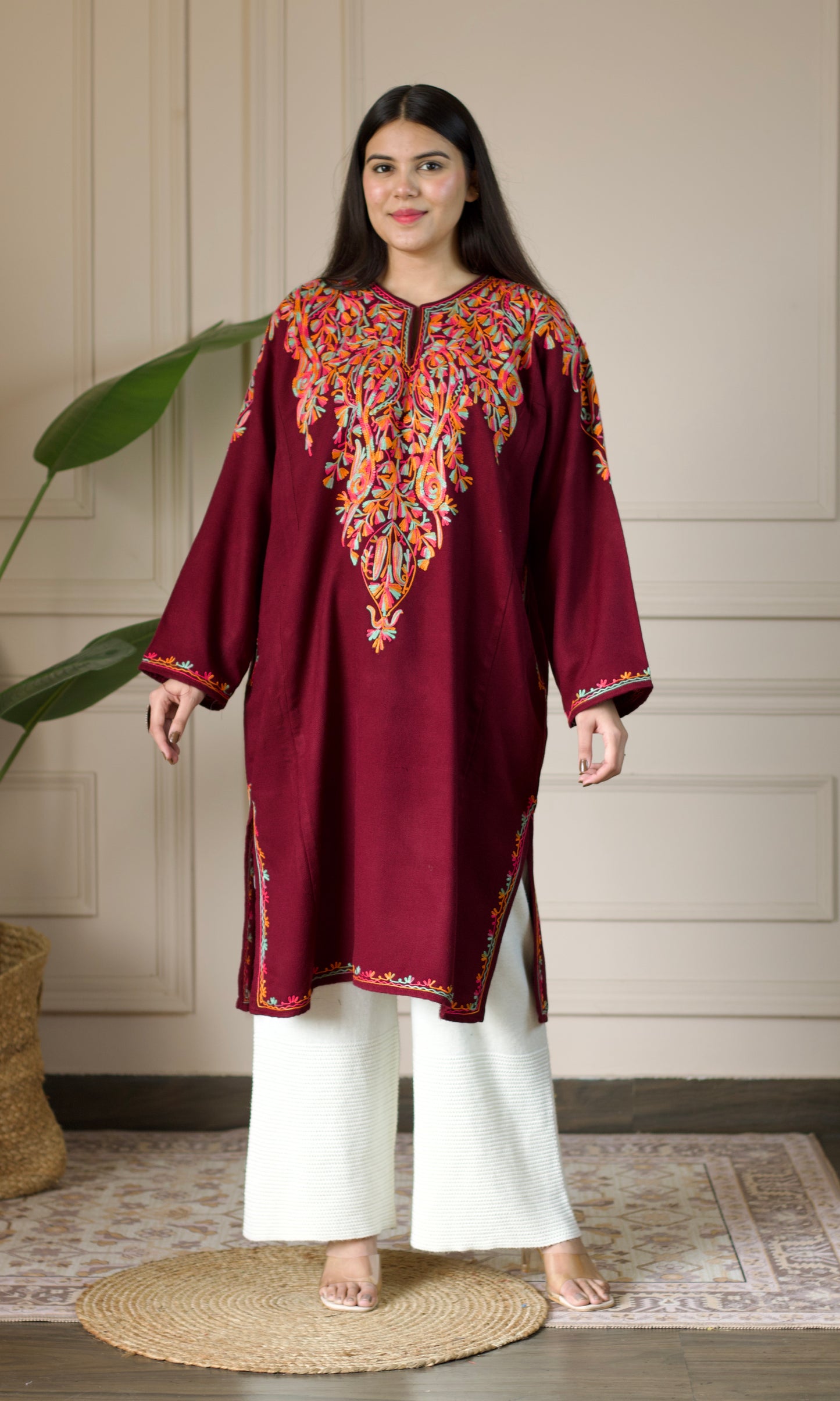 Deep Wine Multi Bloom Aari Embroidered Fine Cashmilon Pheran