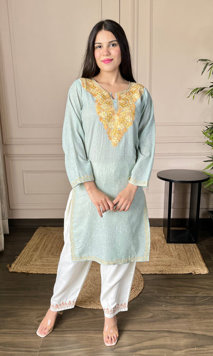 Light sea green Aari Embroidered Crushed Cotton Kurti