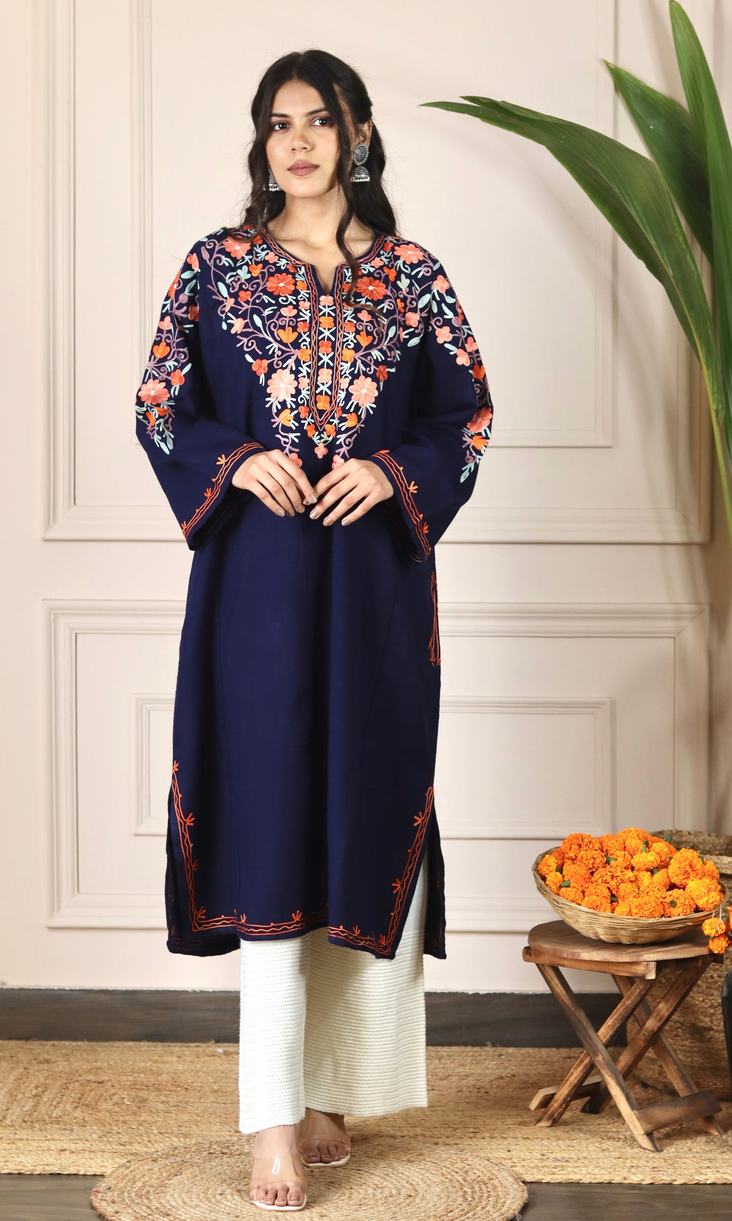 Navy Blue Aari Embroidered Fine Cashmilon Pheran