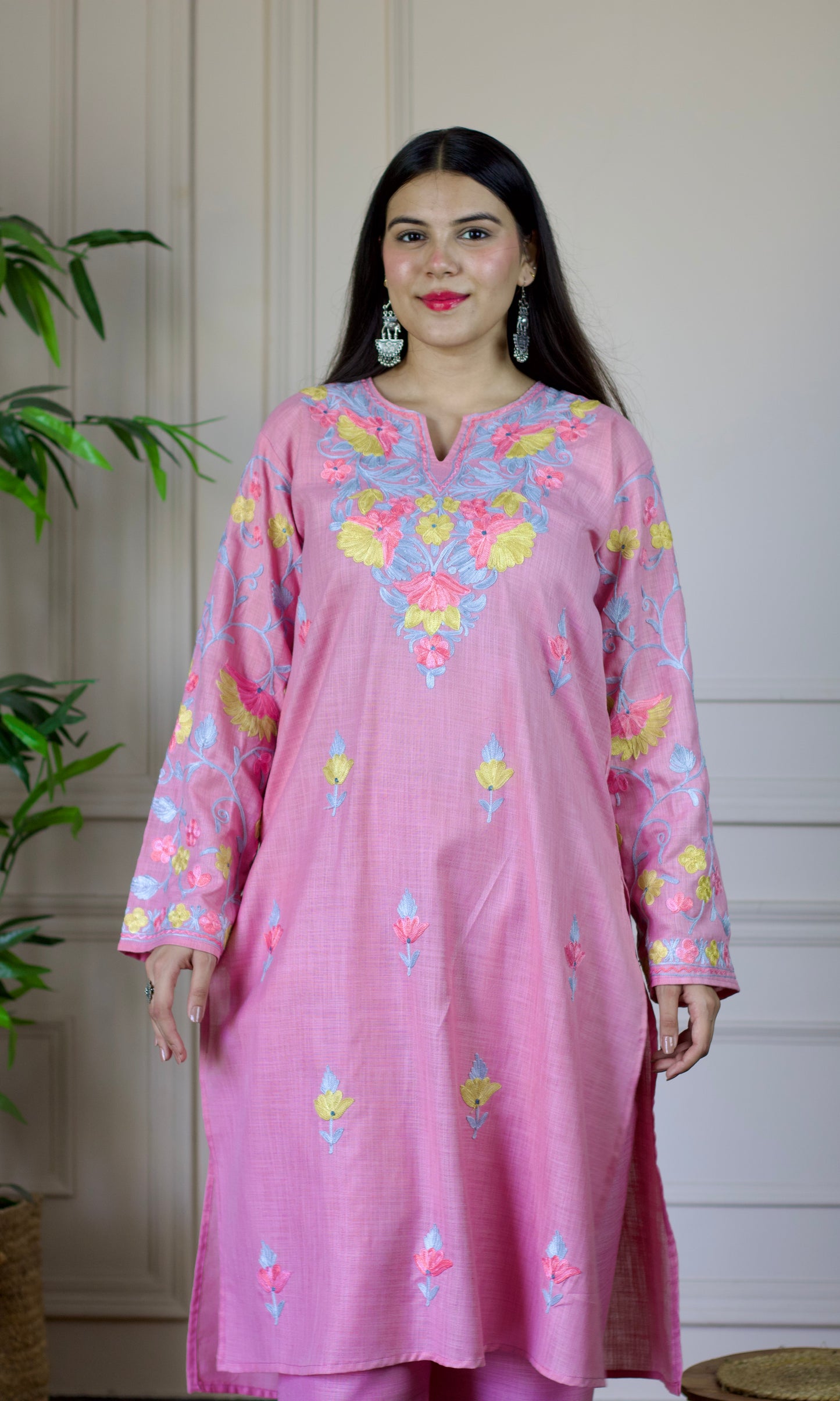 Light Pink Aari Embroidered Cotton Co-ord Set