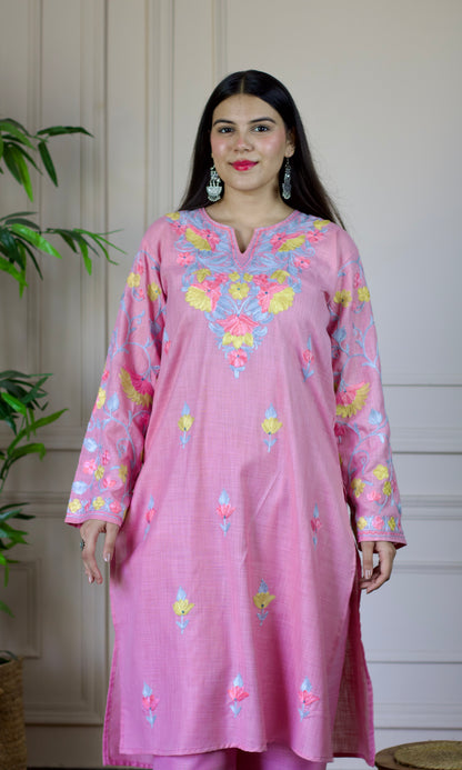 Light Pink Aari Embroidered Cotton Co-ord Set