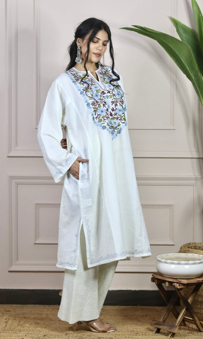 Sapphire Sky White Aari Embroidered Fine Cashmilon Pheran