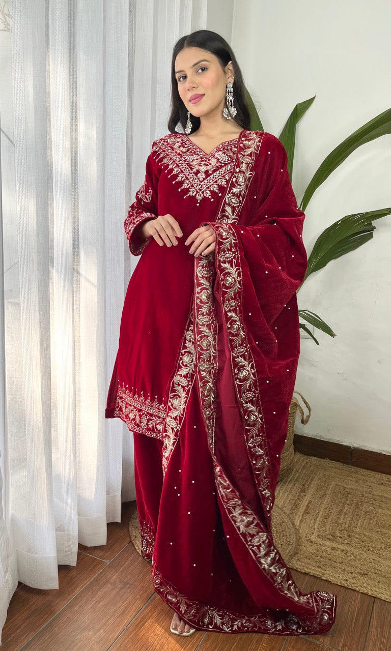 Red Velvet Suit with Flowing Dupatta