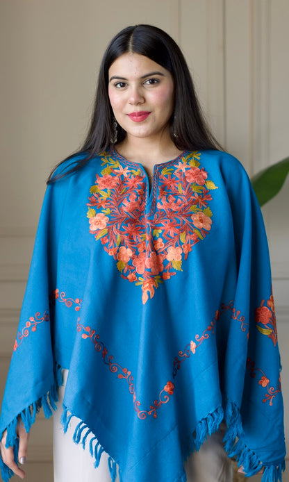 Sky Blue Aari Embroidered Fine Cashmilon Poncho