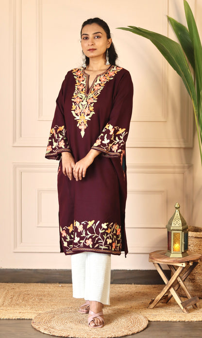 Wine Aari Embroidered Fine Cashmilon Pheran