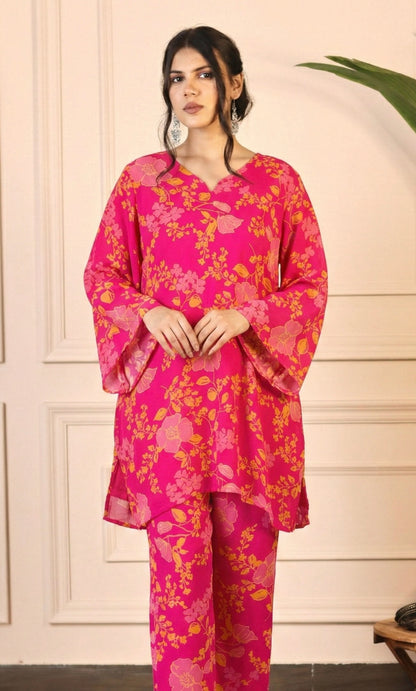 Pink Floral Print Relaxed Fit Co-ord Set with Bell Sleeves
