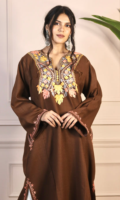 Chocolate Brown Aari Embroidered Fine Cashmilon Pheran