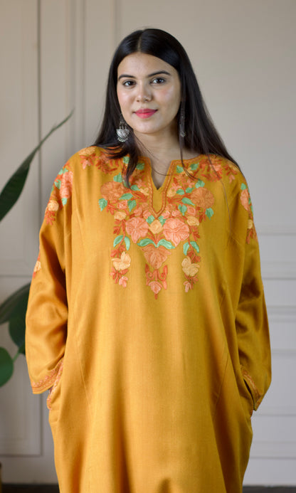 Saffron Bloom Aari Embroidered Mustard Fine Cashmilon Pheran