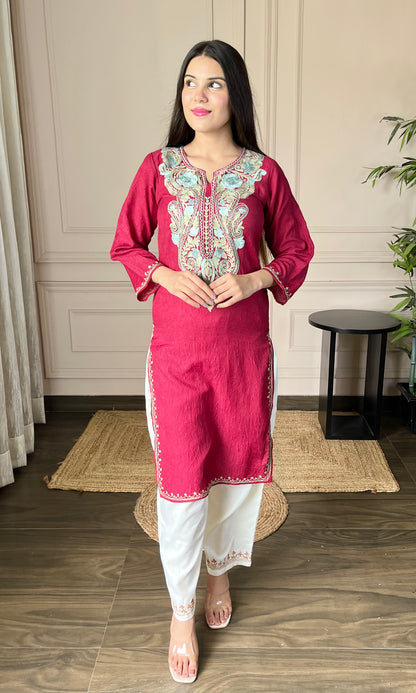 Maroon Aari Embroidered Crushed Cotton Kurti