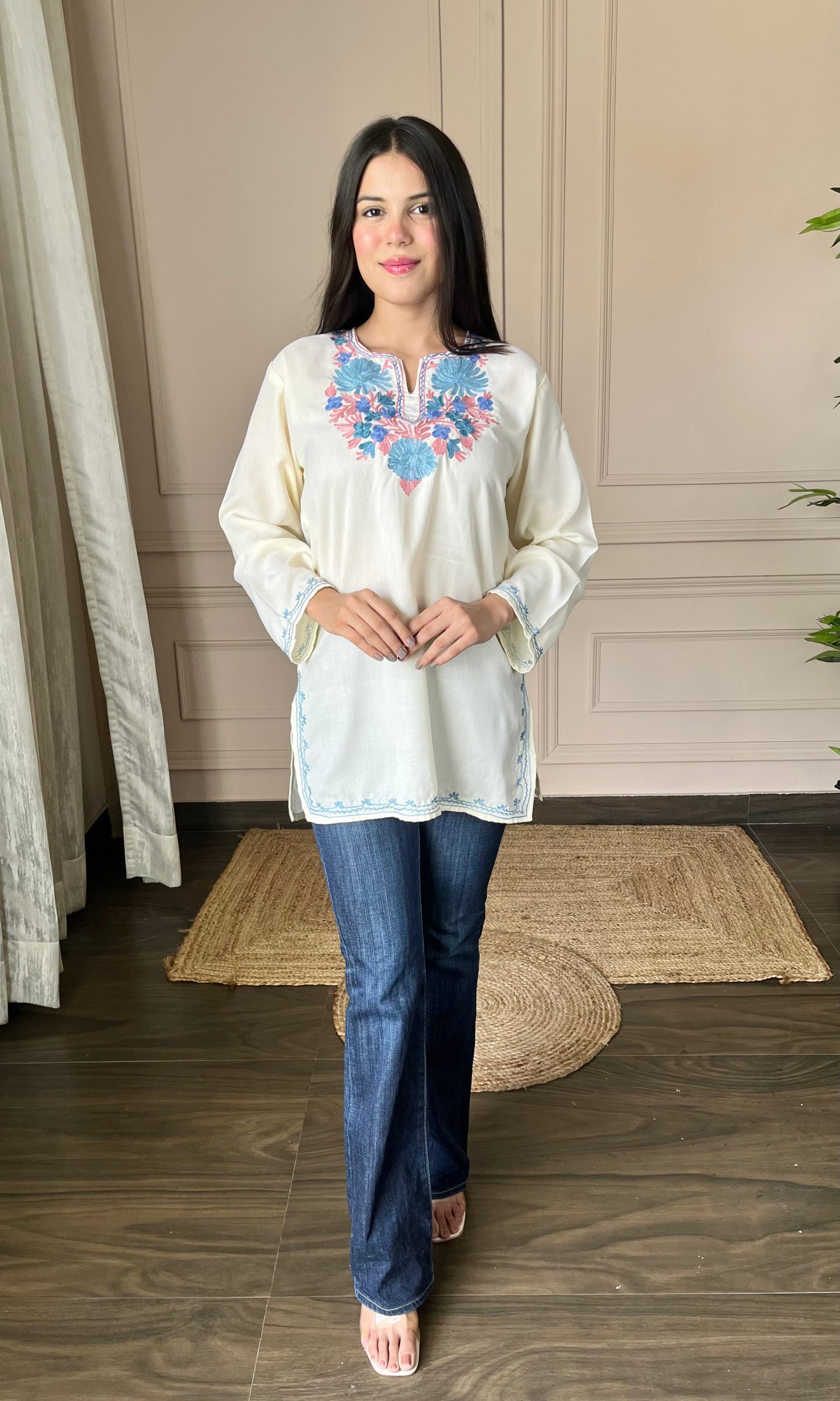 Summer Breeze Aari Embroidered Off White Short Kurti