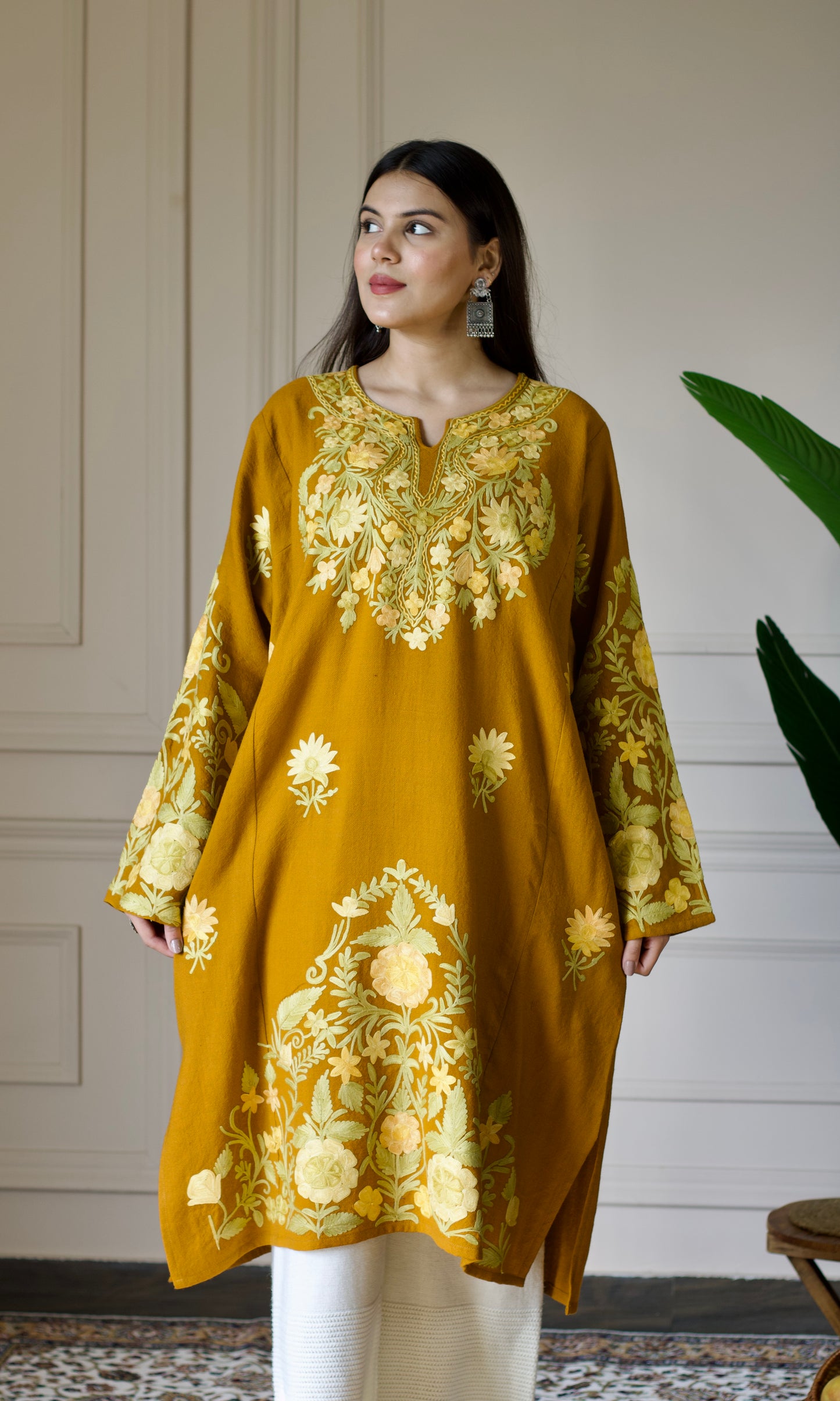 Mustard Aari Embroidered Wool Pheran