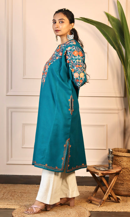 Deep Sea Aari Embroidered Fine Cashmilon Pheran