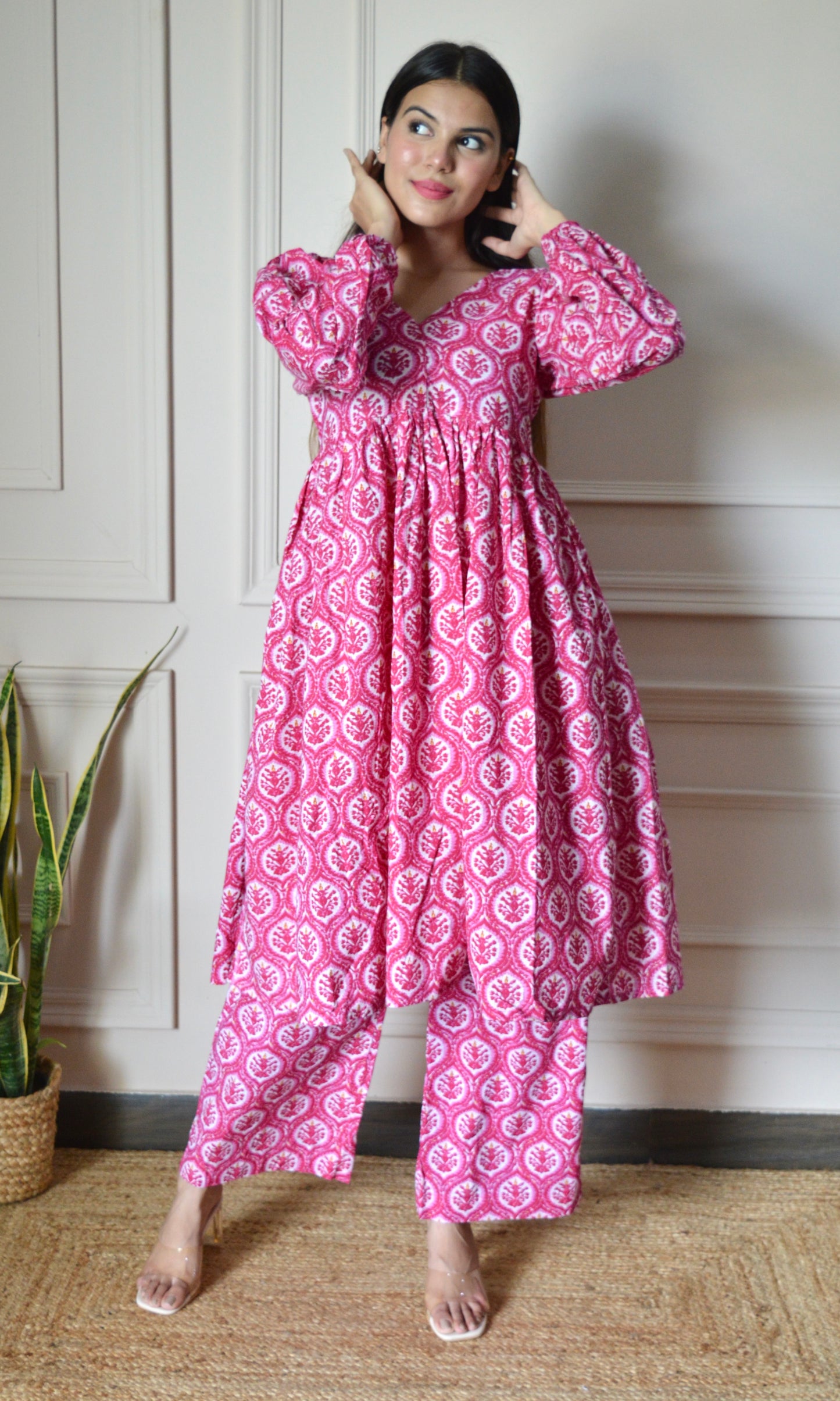 Pink Printed Flared Kurta with Pants