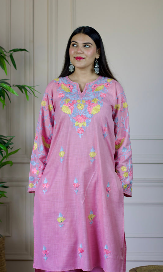 Light Pink Aari Embroidered Cotton Co-ord Set