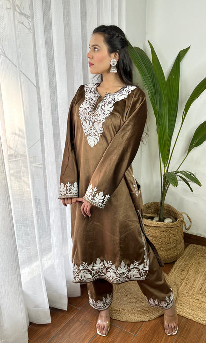 Brown Aari Embroidered Kashmiri Velvet Suit