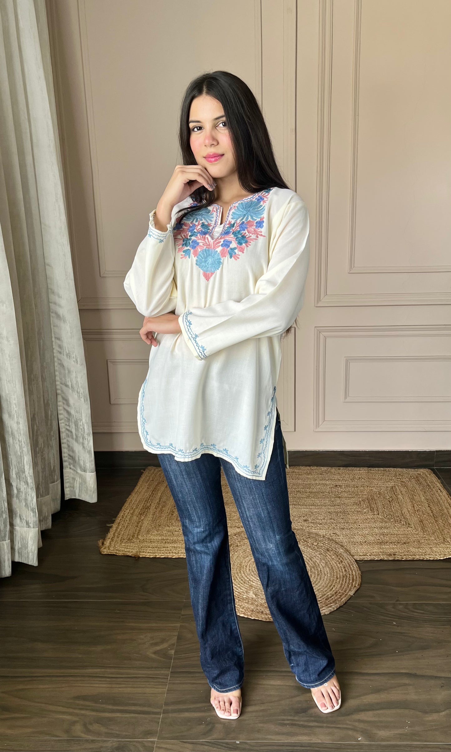 Summer Breeze Aari Embroidered Off White Short Kurti