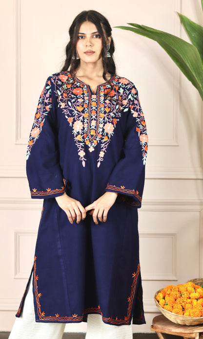 Navy Blue Aari Embroidered Fine Cashmilon Pheran