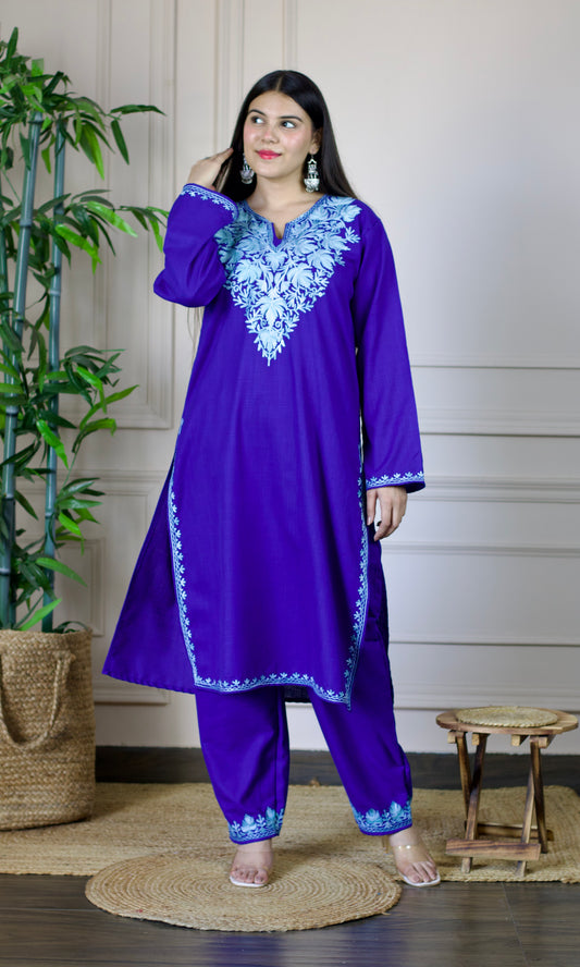 Blue Aari Embroidered Cotton Co-ord Set