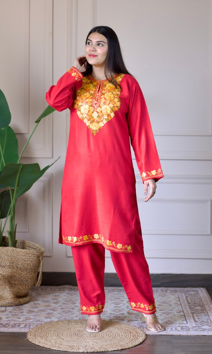 Pink Kashmiri Aari Woollen Co-ord Set - Golden Glow