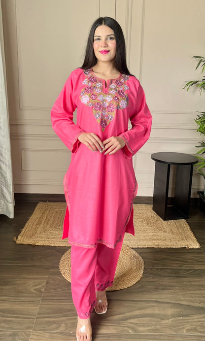 Hot Pink Aari Embroidered Cotton Co-ord Set