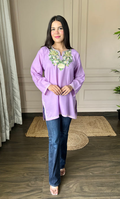 Green Floral Aari Embroidered Pink Short Kurti