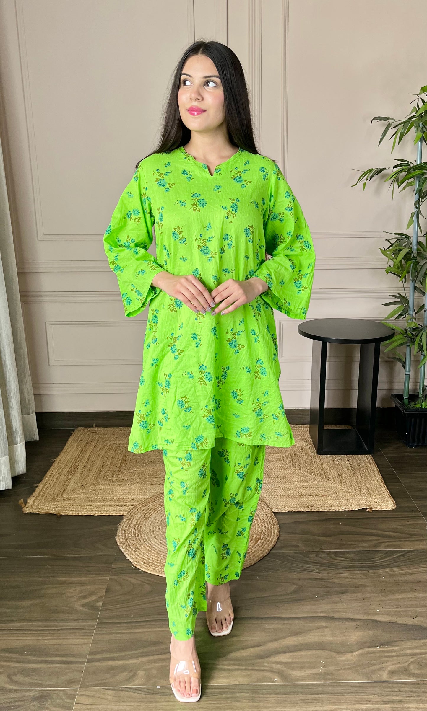 Neon Green Relaxed Fit Cotton Co-ord Set with Bell Sleeves