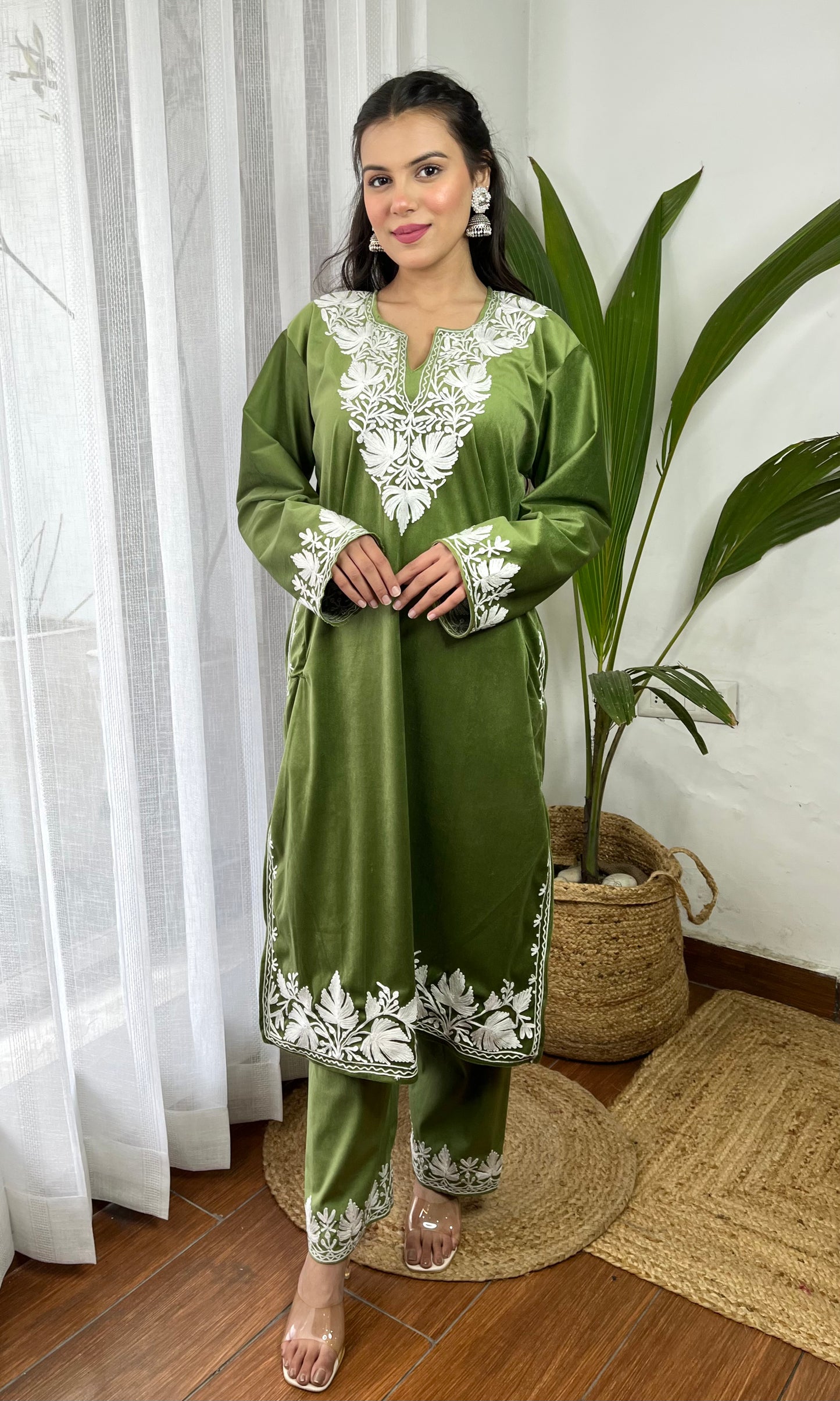 Light Green Aari Embroidered Kashmiri Velvet Suit