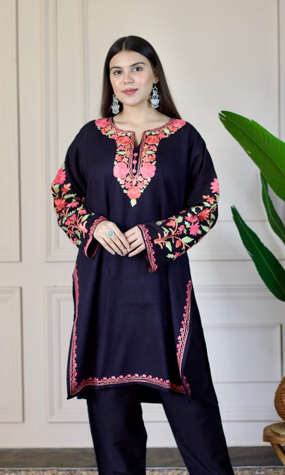 Black Kashmiri Aari Woollen Co-ord Set - Blush Bloom