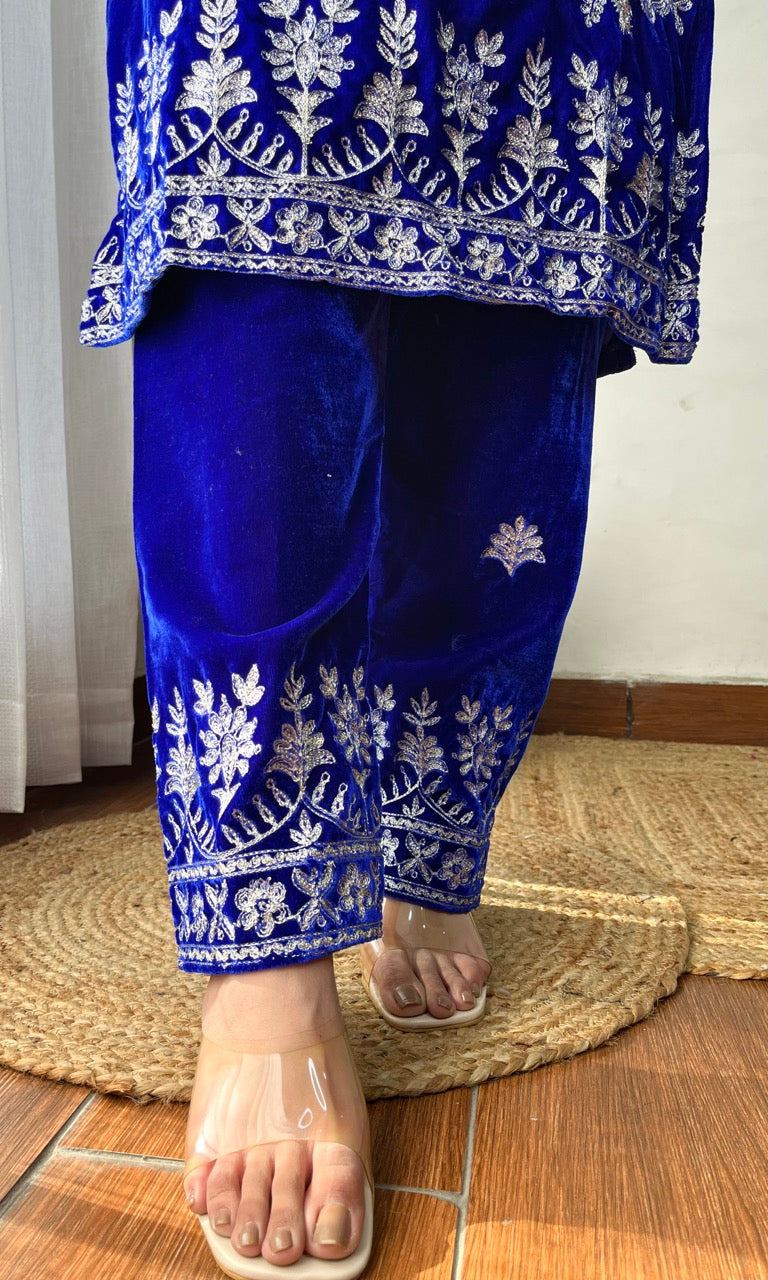 Blue Velvet Suit with Flowing Dupatta