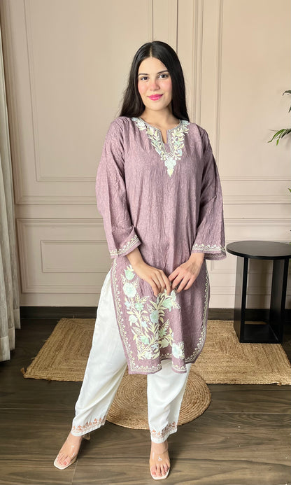 Mauve Aari Embroidered Crushed Cotton Kurti